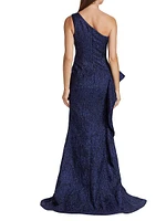 Metallic Jacquard One-Shoulder Gown