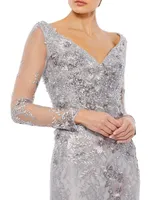 Beaded Lace V-Neck Gown