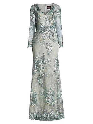 Beaded Lace V-Neck Gown