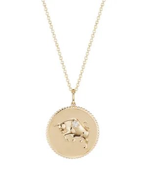 14K Yellow Gold & Diamond Large Taurus Medallion Pendant Necklace