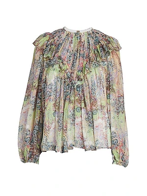 Ruffled Multicolor Print Silk Top