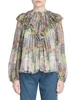 Ruffled Multicolor Print Silk Top