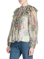 Ruffled Multicolor Print Silk Top