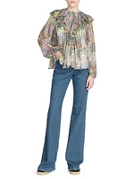 Ruffled Multicolor Print Silk Top