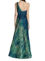 Brocade One-Shoulder A-Line Gown