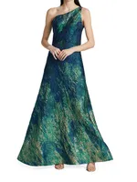 Brocade One-Shoulder A-Line Gown