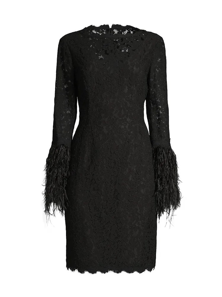 Feather-Trim Lace Sheath Dress