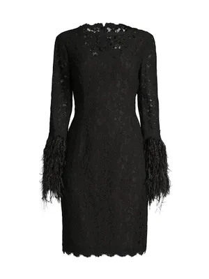 Feather-Trim Lace Sheath Dress