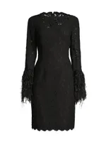 Feather-Trim Lace Sheath Dress