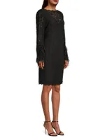 Feather-Trim Lace Sheath Dress