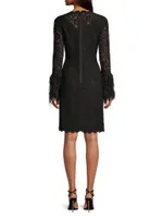 Feather-Trim Lace Sheath Dress