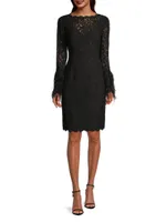 Feather-Trim Lace Sheath Dress