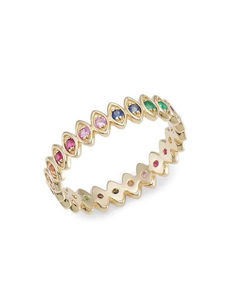 14K Yellow Gold & Rainbow Stone Evil Eye Ring