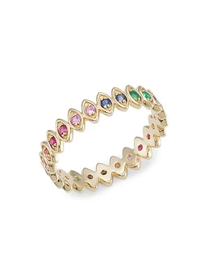 14K Yellow Gold & Rainbow Stone Evil Eye Ring