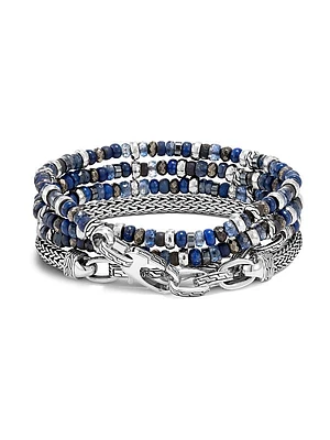 Chain Classic Lapis Lazuli, Hematite, Pyrite, Kyanite, & Silver Beaded Transformable Bracelet