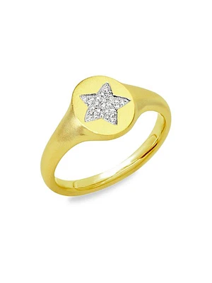 14K Gold & Diamond Star Signet Ring