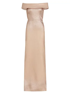 Metallic Off-The-Shoulder Wavy Rib-Knit Gown