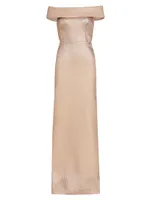 Metallic Off-The-Shoulder Wavy Rib-Knit Gown