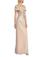 Metallic Off-The-Shoulder Wavy Rib-Knit Gown