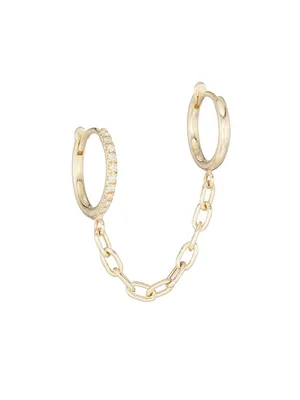 Pavé & Bead-Set Diamonds 14K Gold & Diamond Linked Huggie Hoop Double-Piercing Earring