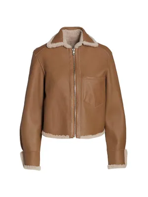 Leather Shearling-Trimmed Zip Jacket