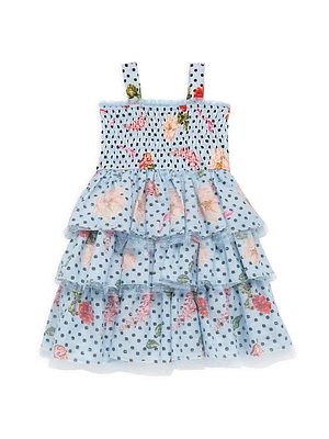 Little Girl's & Girl's Smocked Floral & Polka Dot Tiered Dress