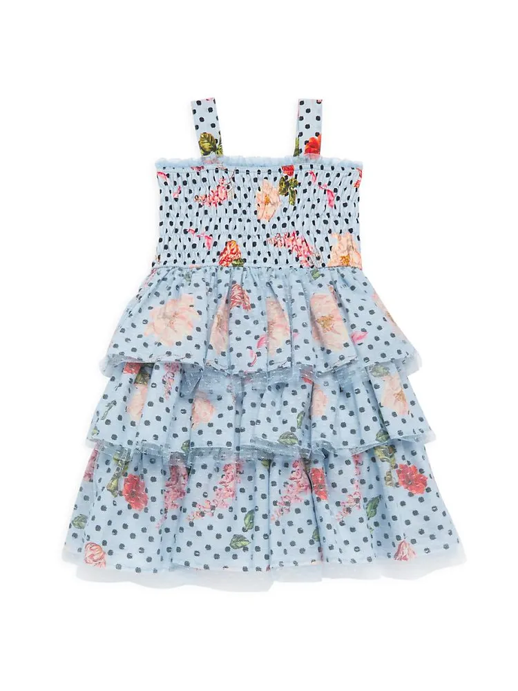 Little Girl's & Smocked Floral Polka Dot Tiered Dress