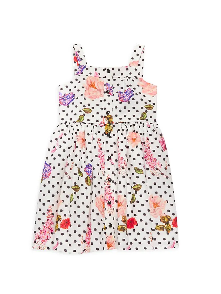 Little Girl's & Floral Polka Dot Buttoned Dress