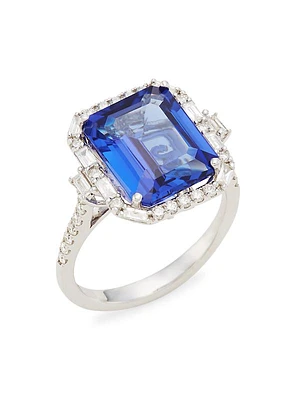 14K White Gold, White Diamond & Tanzanite Ring