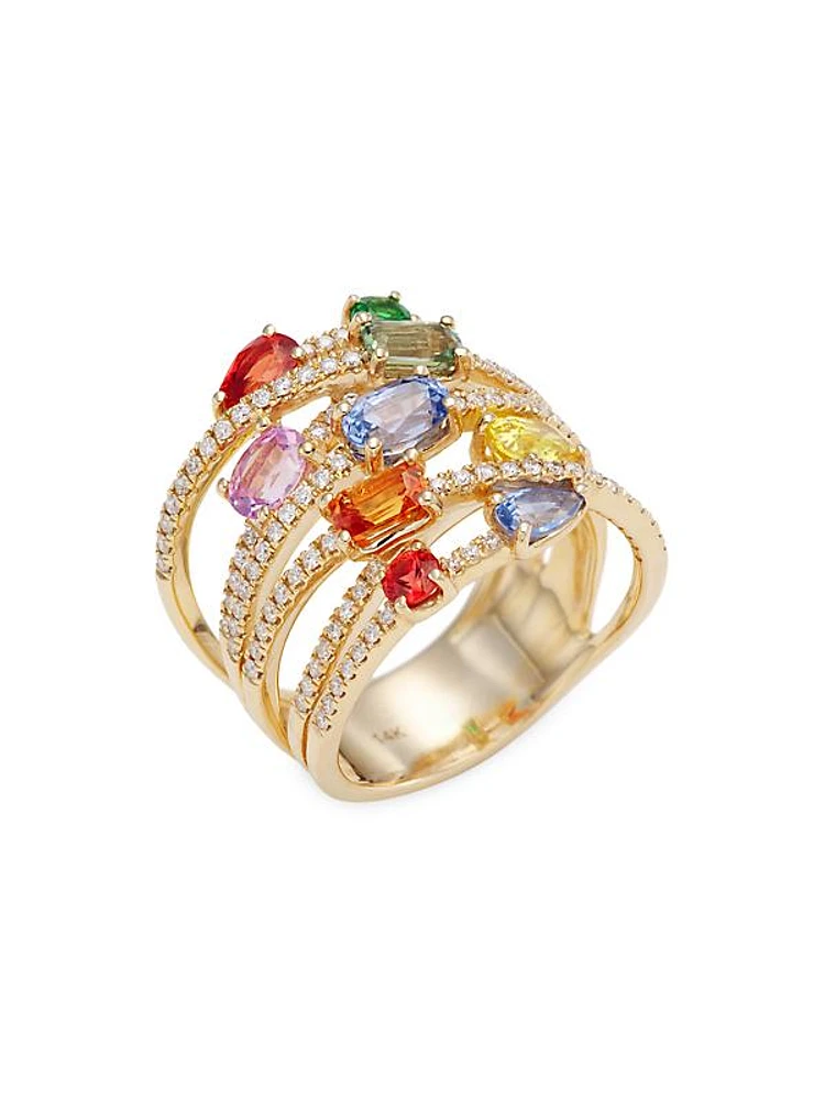 14K Gold, Diamond & Rainbow Sapphire Stacked Ring