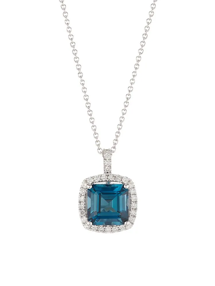 14K White Gold, London Blue Topaz & 0.35 TCW Diamond Cushion Pendant Necklace