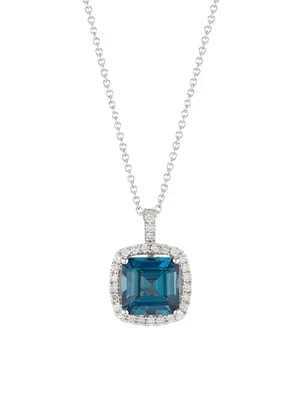 14K White Gold, London Blue Topaz & 0.35 TCW Diamond Cushion Pendant Necklace