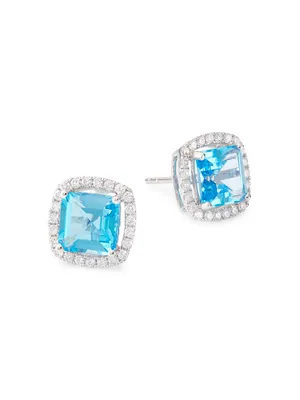 14K White Gold, Diamond & Blue Topaz Stud Earrings