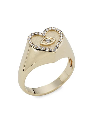 14K Gold & Diamond Heart Signet Ring