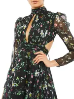 Floral-Print Chiffon Gown