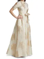 Brocade Organza Tie Waist Gown