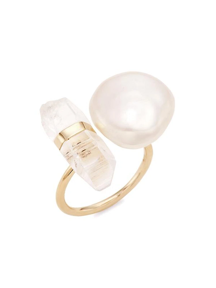 Ocean 14K Gold, Freshwater Pearl & Crystal Quartz Floating Ring