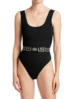 Greek Key Belt One-Piece Swimsuit