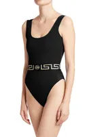 Greek Key Belt One-Piece Swimsuit