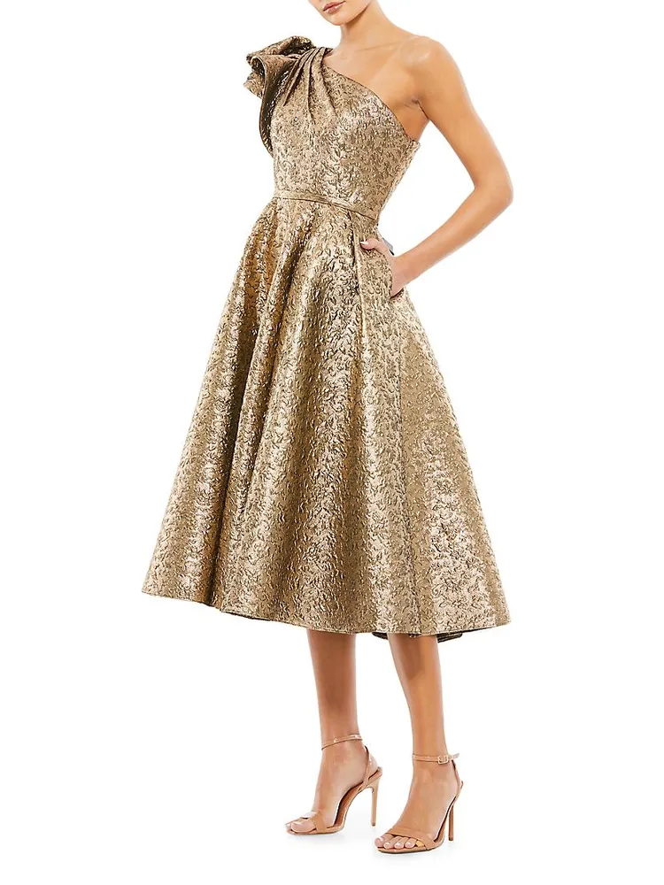 Asymmetric Metallic Tea-Length Dress