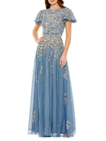 Floral-Embroidered Tulle Gown