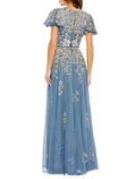 Floral-Embroidered Tulle Gown