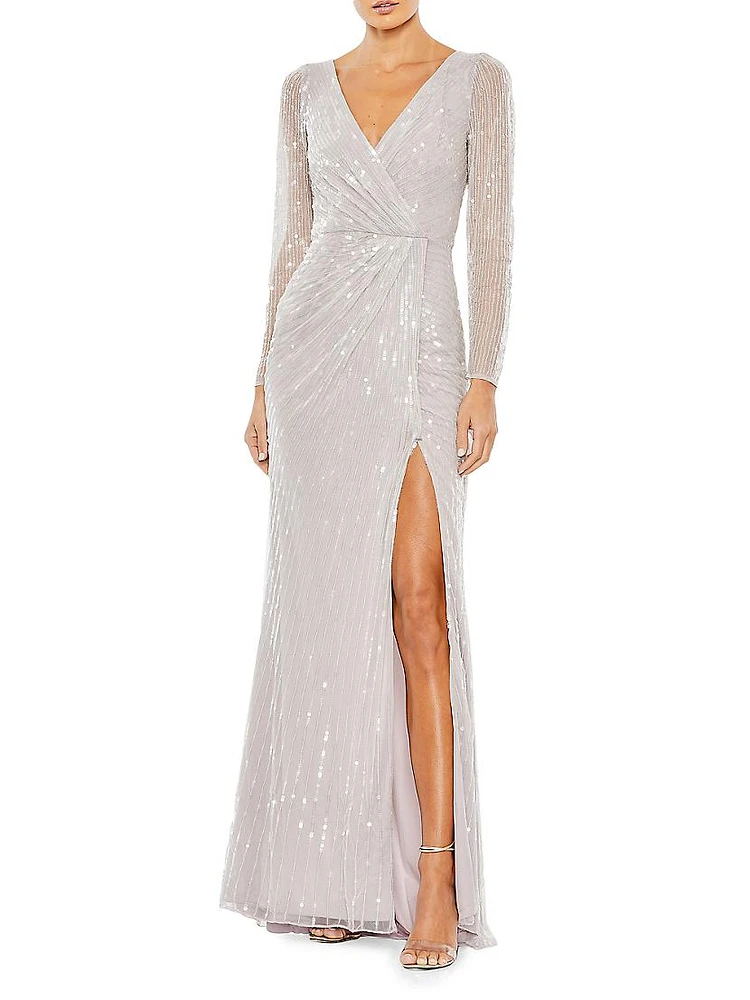 Sequin Surplice Long-Sleeve Gown