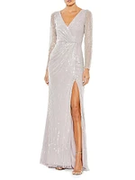 Sequin Surplice Long-Sleeve Gown