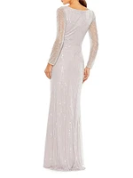 Sequin Surplice Long-Sleeve Gown