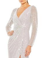 Sequin Surplice Long-Sleeve Gown