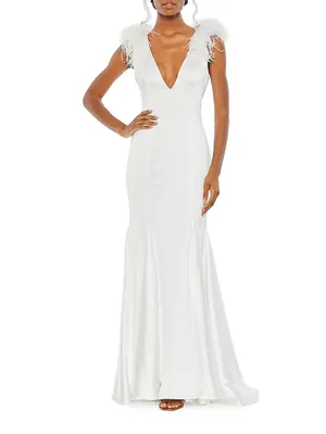 Feather-Embellished Sheath Gown