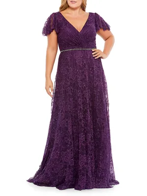 Plus Lace Flutter-Sleeve Gown