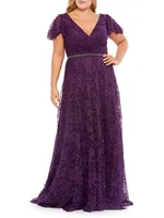 Plus Lace Flutter-Sleeve Gown