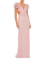 Sequin Flounce Shoulder Cut Out Gown